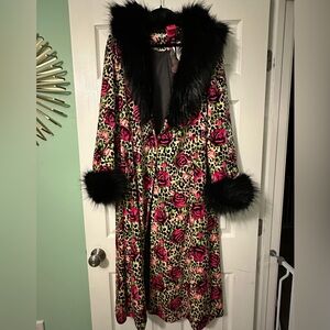 Torrid and Betsey Johnson Leopard Print Velvet Coat with Black Faux Fur Trim